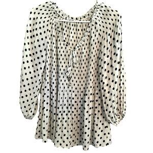 Cable & Gauge White polka dot blouson smocked with tassels Blouse M